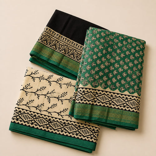 Green Hand Block Printed Maheshwari Silk Suit Set with Dupatta