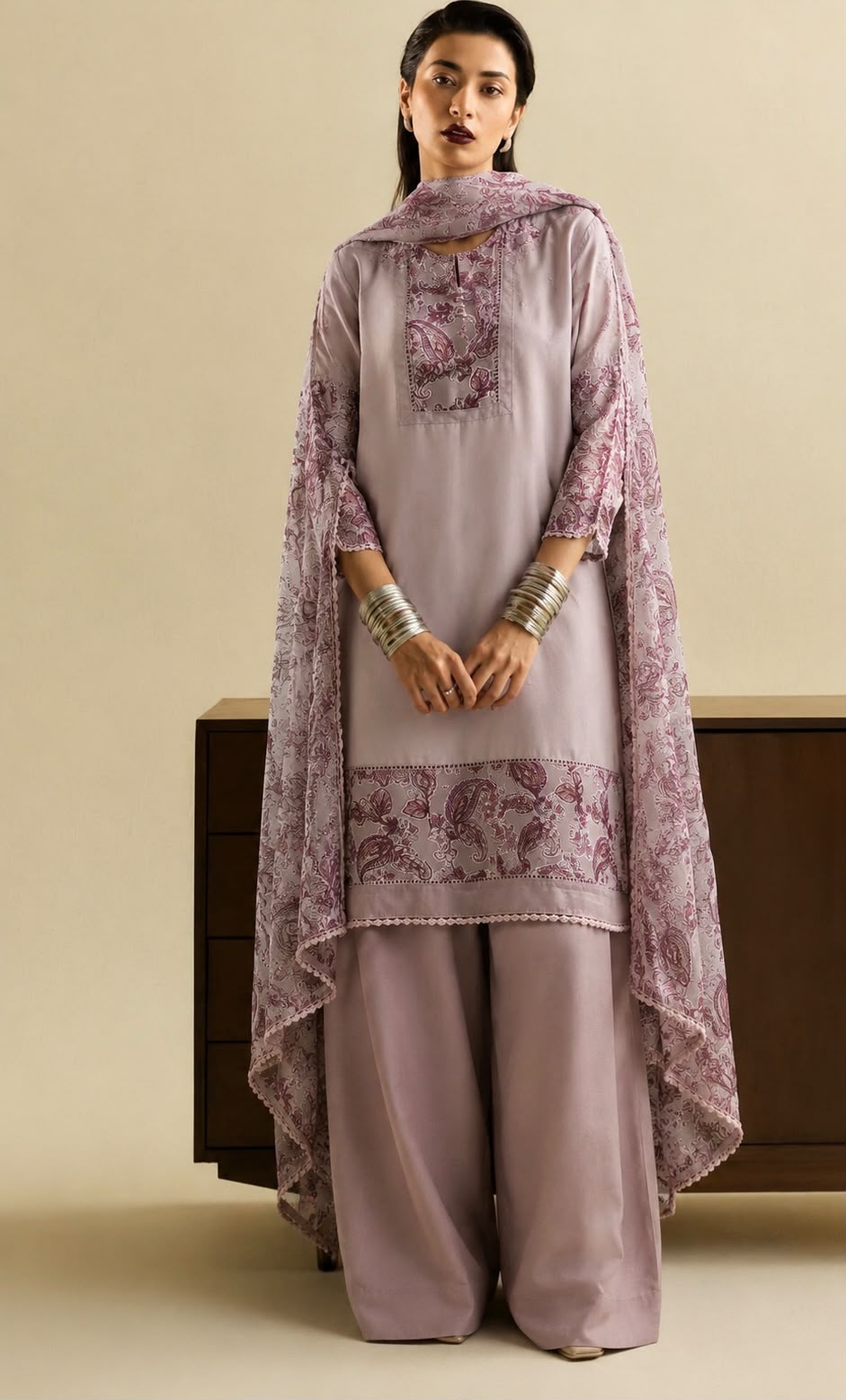 Lavender Floral Trim Palazzo Suit