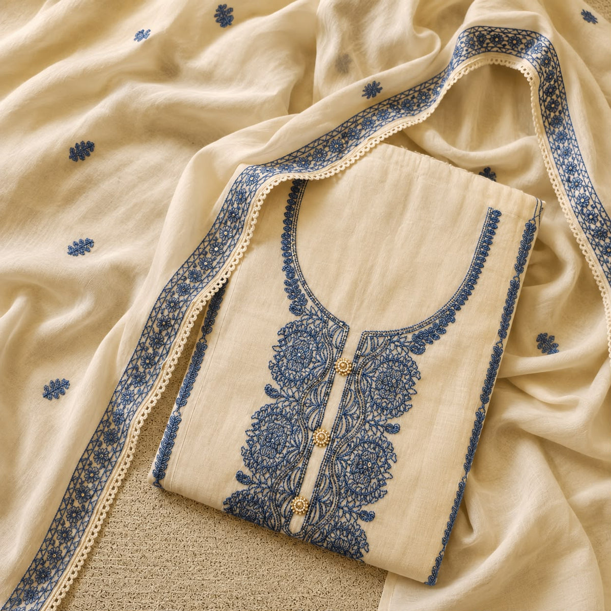 Cream Mal Chanderi Unstitched Suit Material with Blue Machine Embroidery