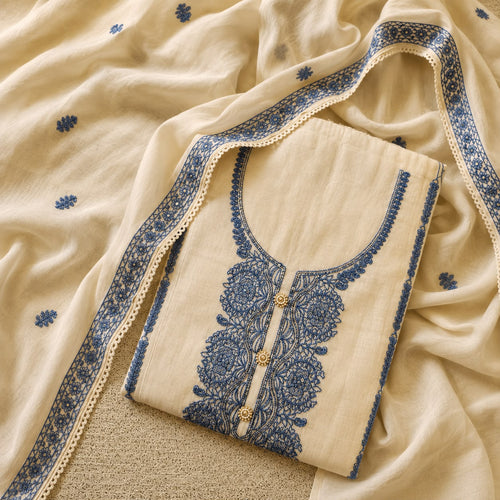 Cream Mal Chanderi Unstitched Suit Material with Blue Machine Embroidery