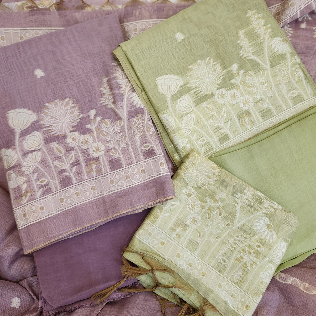 Lavender Jamdani Silk Suit Set with Zari Weaving and Dupatta