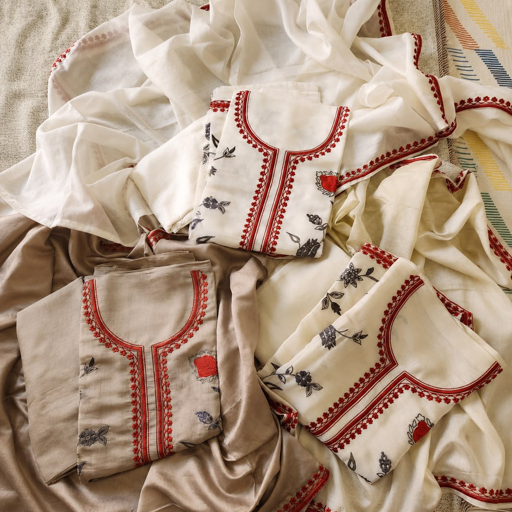 Mul Chanderi Embroidered Unstitched Suit Material | Soft Cotton Chanderi Kurta Fabric with Neck Embroidery & Floral Prints