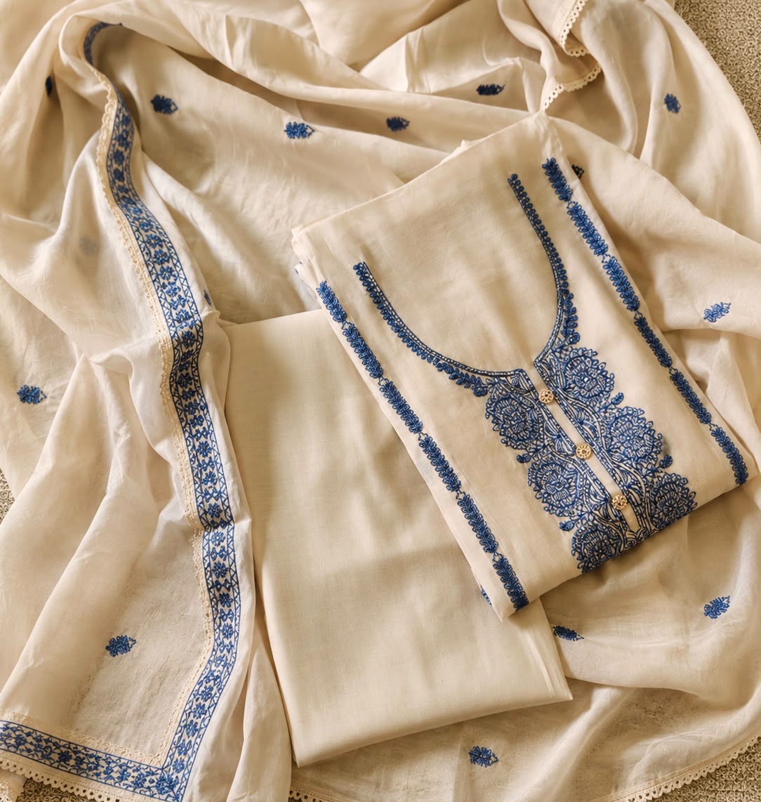 Cream Mal Chanderi Unstitched Suit Material with Blue Machine Embroidery