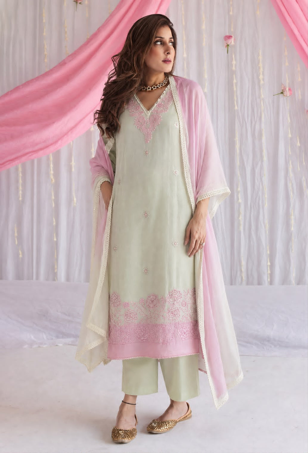 Unstitched Organza Kurta Set with Pure Rayon Bottom and Chiffon Dupatta – Pastel Green & Pink Luxury Ethnic Wear