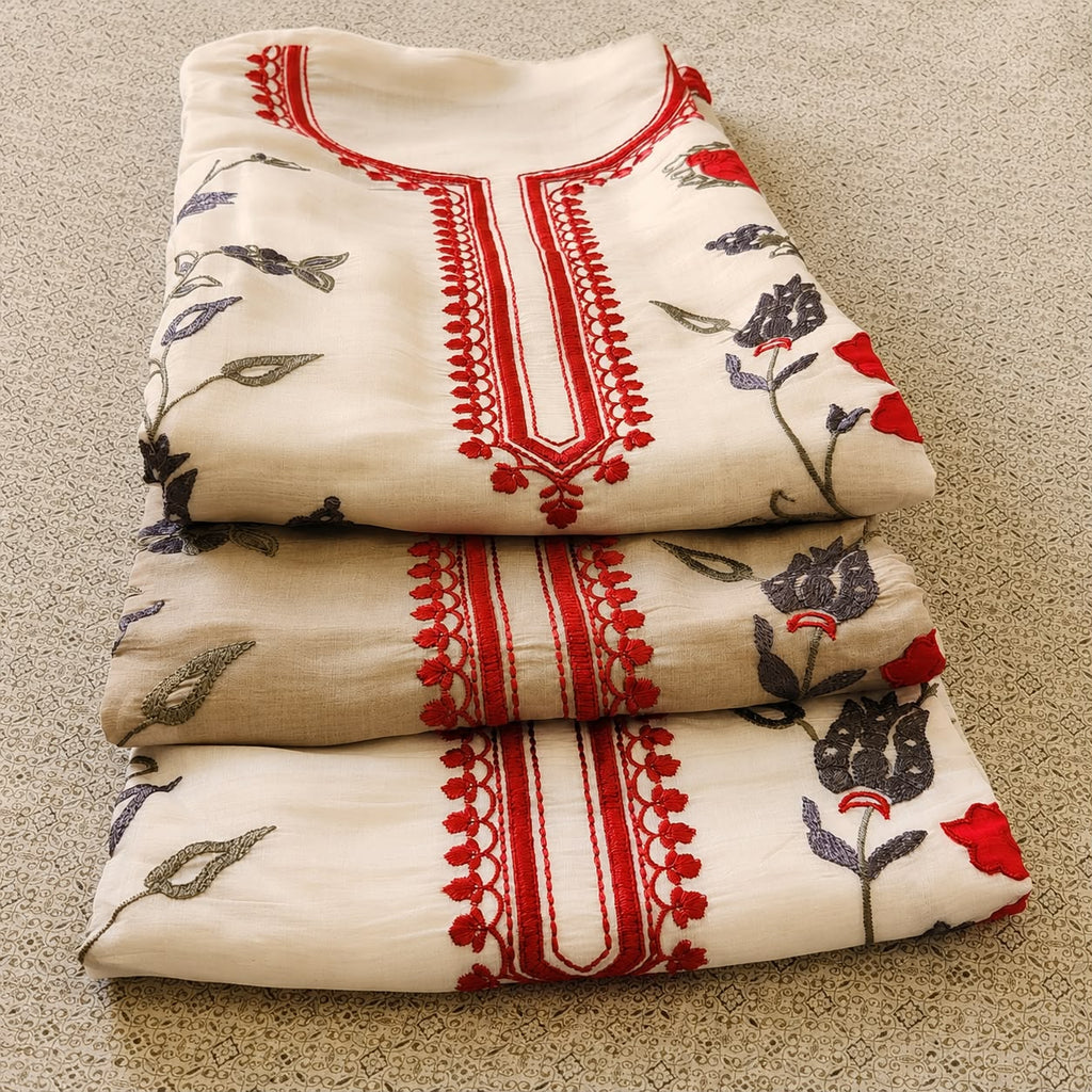 Mul Chanderi Embroidered Unstitched Suit Material | Soft Cotton Chanderi Kurta Fabric with Neck Embroidery & Floral Prints