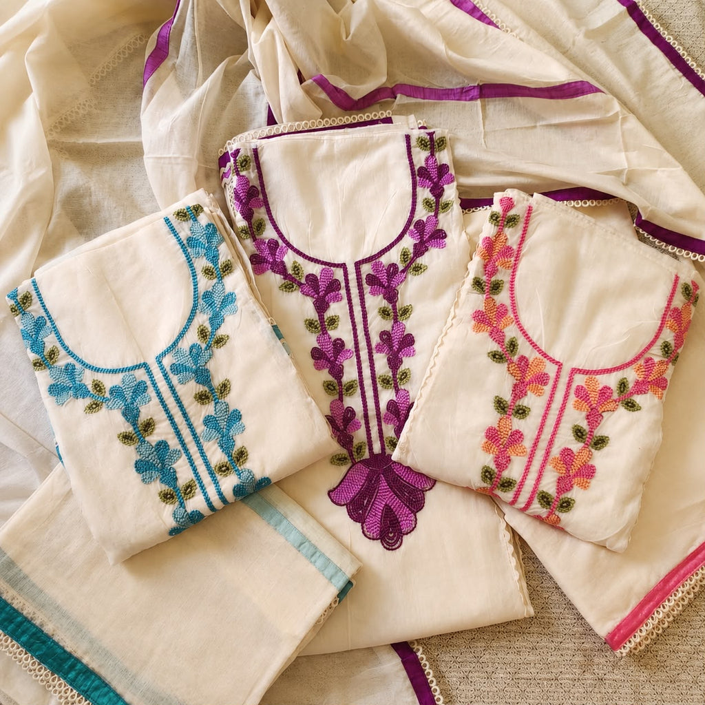 Soft Mal Chanderi Unstitched Suit Set with Floral Machine Embroidery