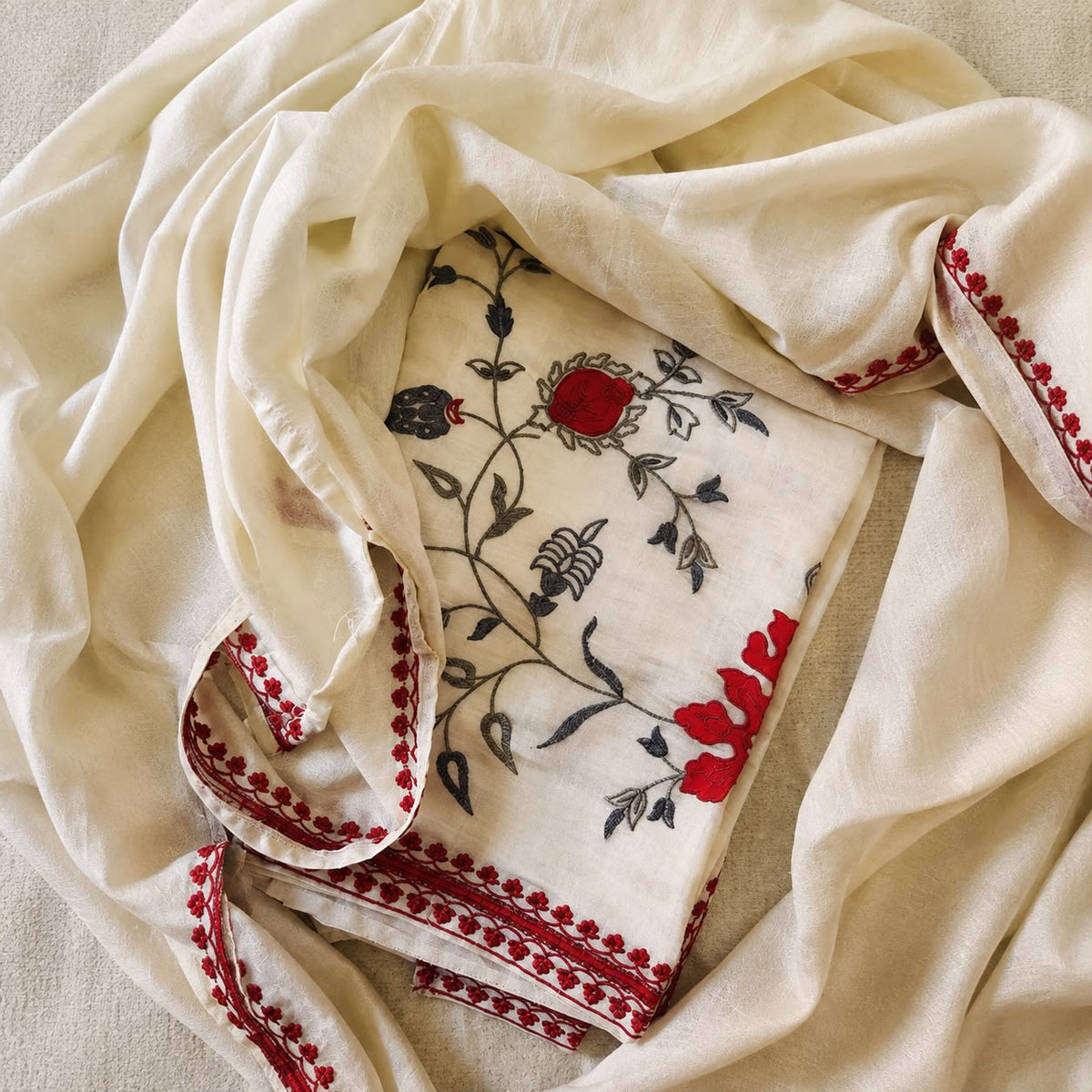 Mul Chanderi Embroidered Unstitched Suit Material | Soft Cotton Chanderi Kurta Fabric with Neck Embroidery & Floral Prints
