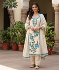 Soft Mal Chanderi Unstitched Suit Set with Floral Machine Embroidery
