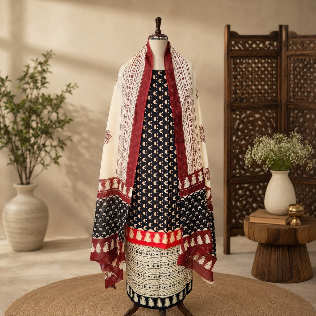 Heritage Ajrakh Inspired 3-Piece Cotton Dress Material – Black, Beige & Maroon