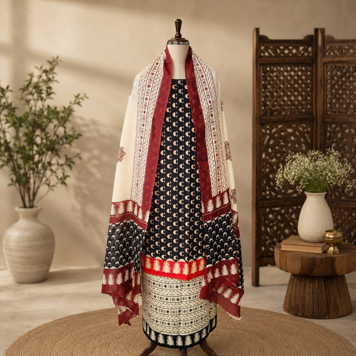 Heritage Ajrakh Inspired 3-Piece Cotton Dress Material – Black, Beige & Maroon